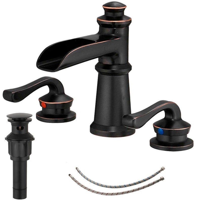 BATHLAVISH Oil Rubbed Bronze Bathroom Faucet 3 Hole 2-Handle Widespread Waterfall with Pop Up Drain Assembly Has Overflow 8-16 Inch Farmhouse Mixer Tap Supply Line Commercial - Image 1